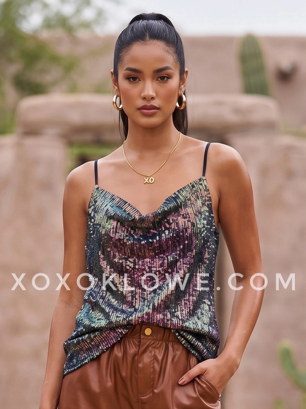 POL Iridescent Sequin Cowl Neck Cami | Sparkly Rainbow Tank Top